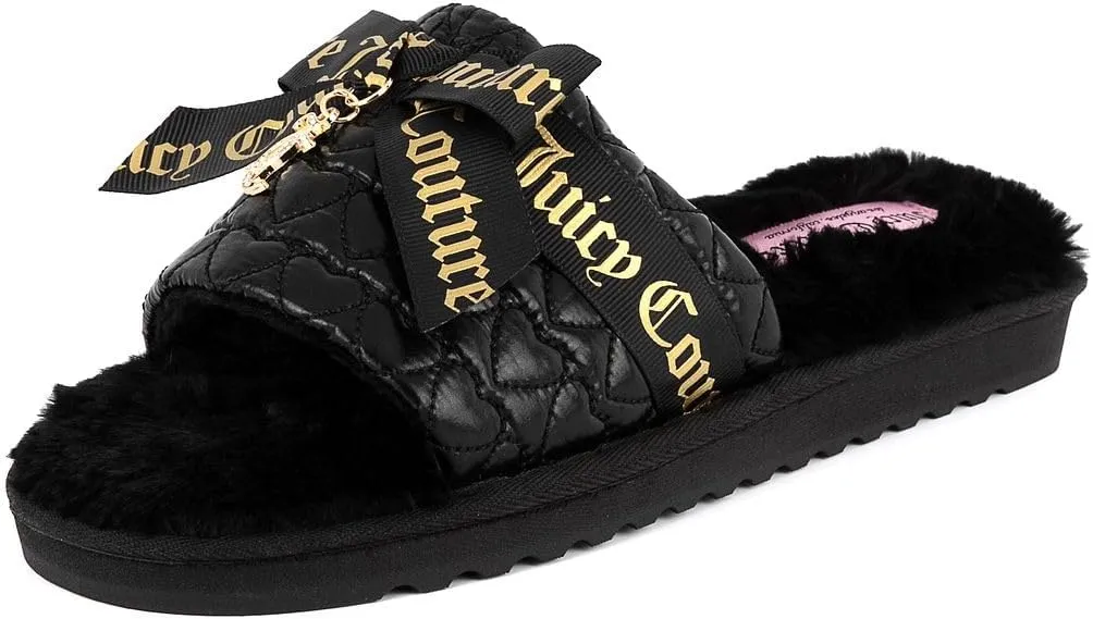 Juicy Couture Women's Faux Fur Slide Sandal Slippers, Open Toe, Comfortable Indoor Outdoor House Shoes