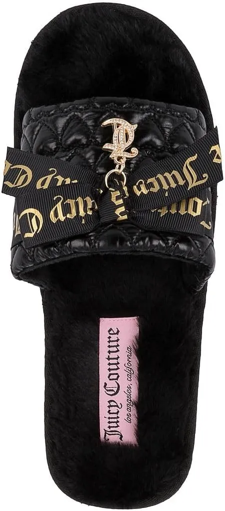 Juicy Couture Women's Faux Fur Slide Sandal Slippers, Open Toe, Comfortable Indoor Outdoor House Shoes