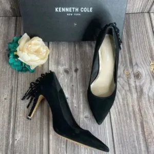 Kenneth Cole Black Leather Riley 85 Fringe Stud Pumps 9.5M