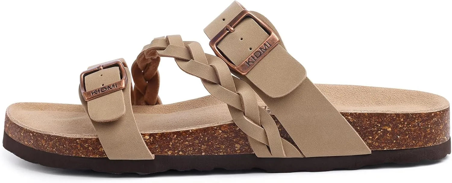 KIDMI Women's Cork Footbed Sandals with Arch Support Comfortable Slip-On Slide Sandals With Adjustable Buckle for Summer