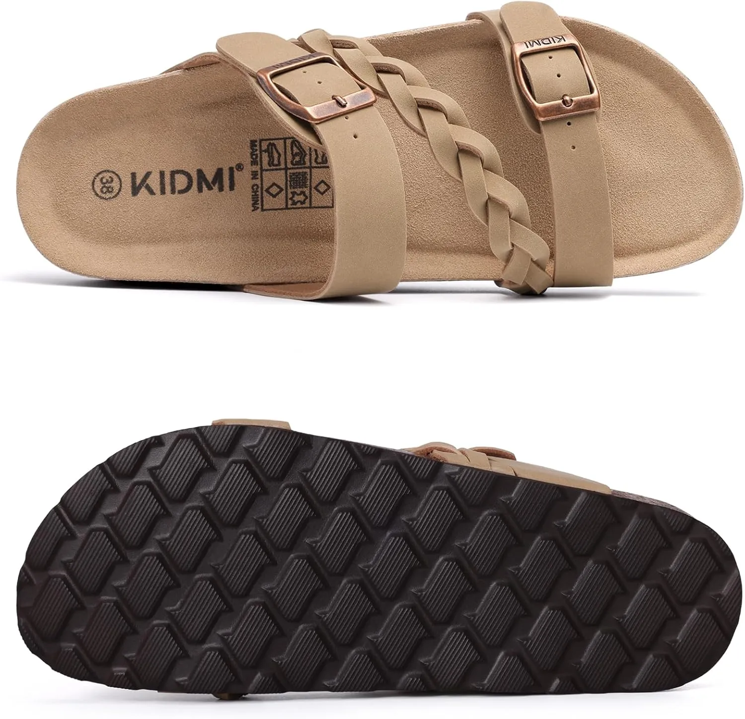 KIDMI Women's Cork Footbed Sandals with Arch Support Comfortable Slip-On Slide Sandals With Adjustable Buckle for Summer