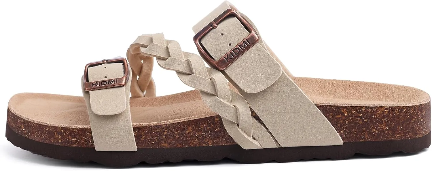 KIDMI Women's Cork Footbed Sandals with Arch Support Comfortable Slip-On Slide Sandals With Adjustable Buckle for Summer