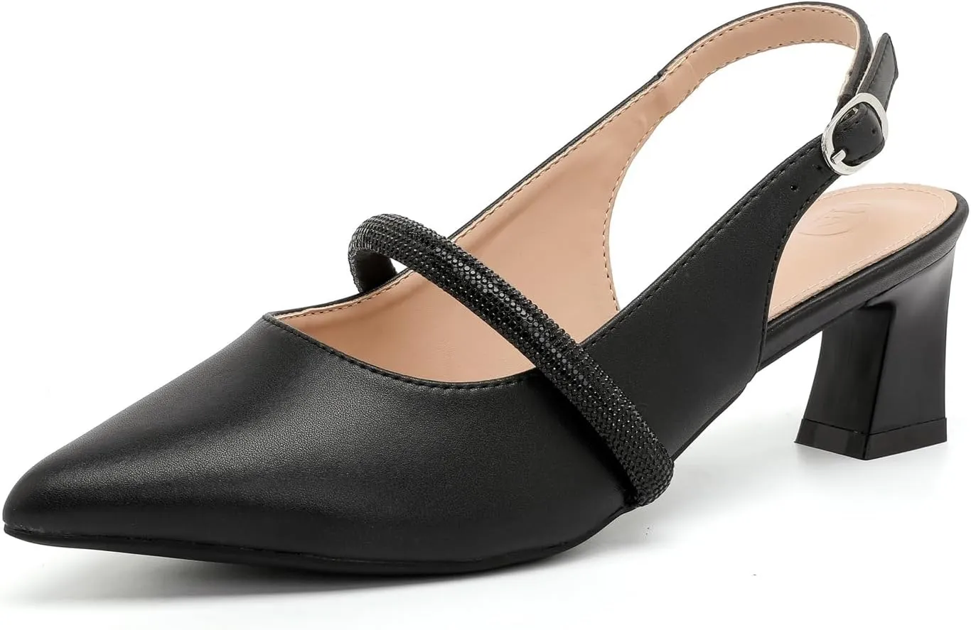 kkdom Womens Slingback Kitten Heels Closed Toe Low Heels Pumps Ankle Strap Pointed Toe Wedding Shoes