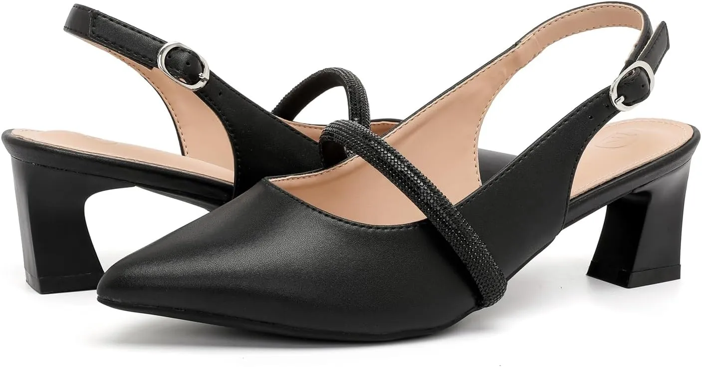 kkdom Womens Slingback Kitten Heels Closed Toe Low Heels Pumps Ankle Strap Pointed Toe Wedding Shoes