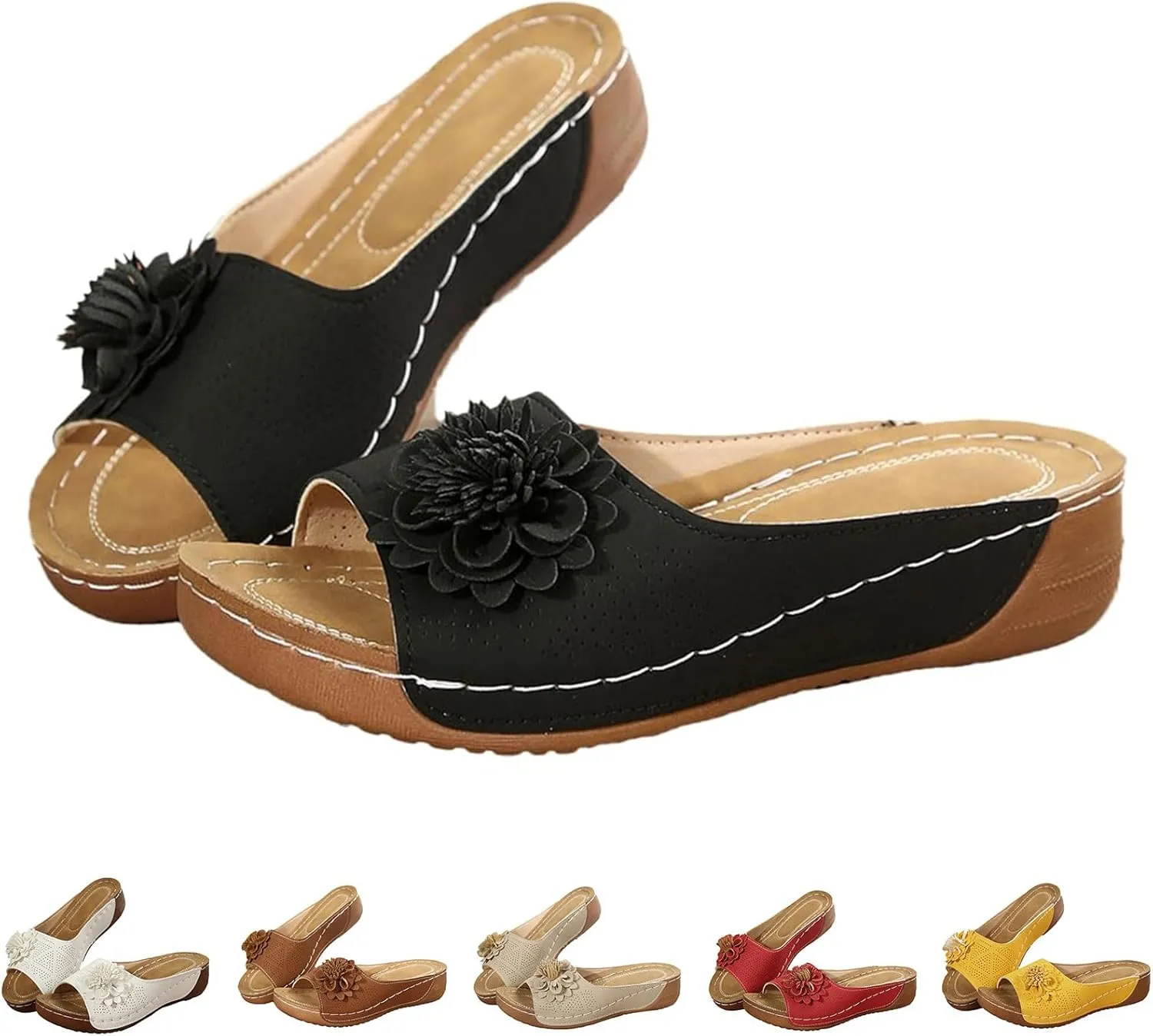 Kubbon Flowers Orthopedic Sandals for Women Arch Supprot Casual Wedge Open Toe Sandals Non Slip Boho Slippers Lightweight Soft Leather Slippers