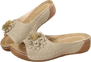 Kubbon Flowers Orthopedic Sandals for Women Arch Supprot Casual Wedge Open Toe Sandals Non Slip Boho Slippers Lightweight Soft Leather Slippers