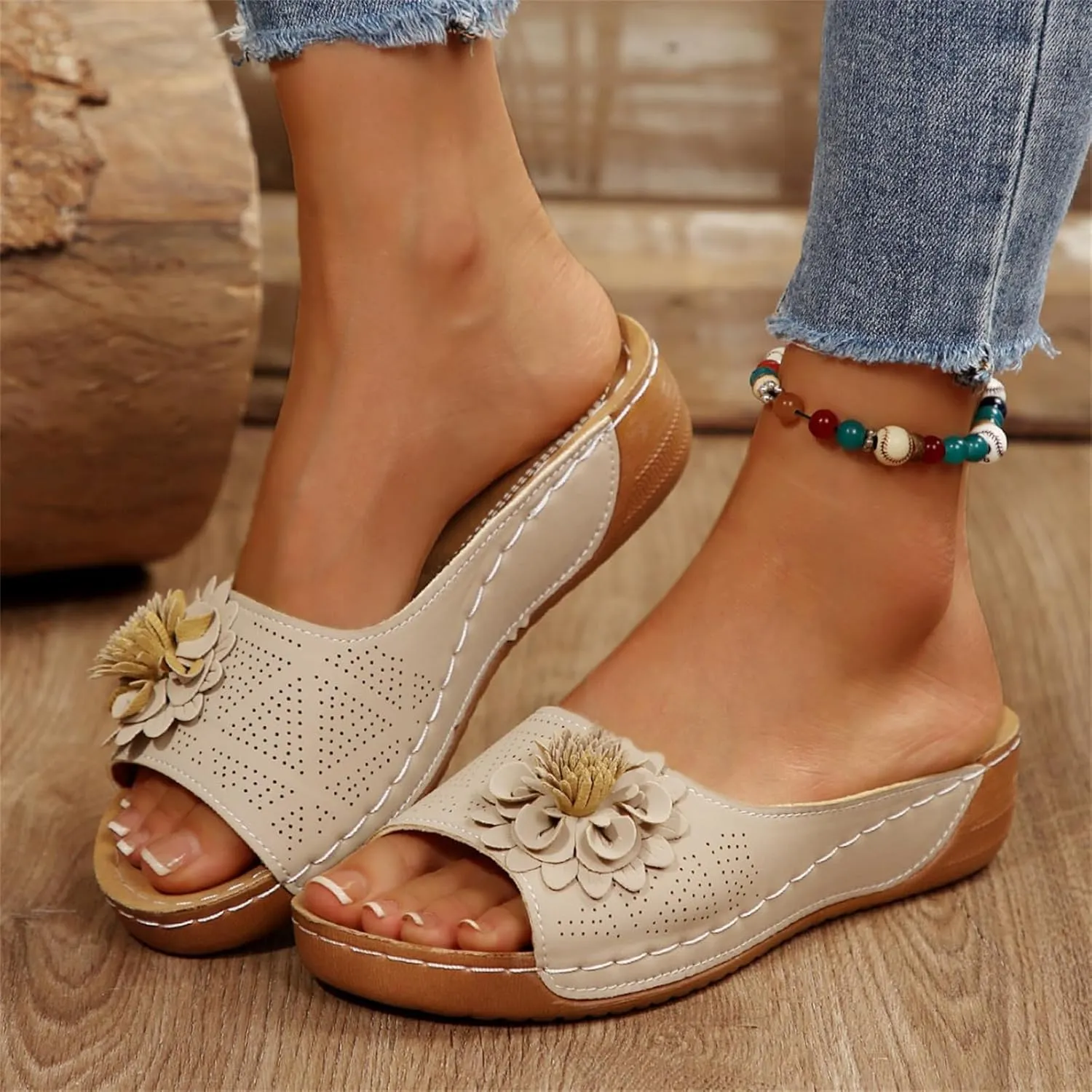 Kubbon Flowers Orthopedic Sandals for Women Arch Supprot Casual Wedge Open Toe Sandals Non Slip Boho Slippers Lightweight Soft Leather Slippers