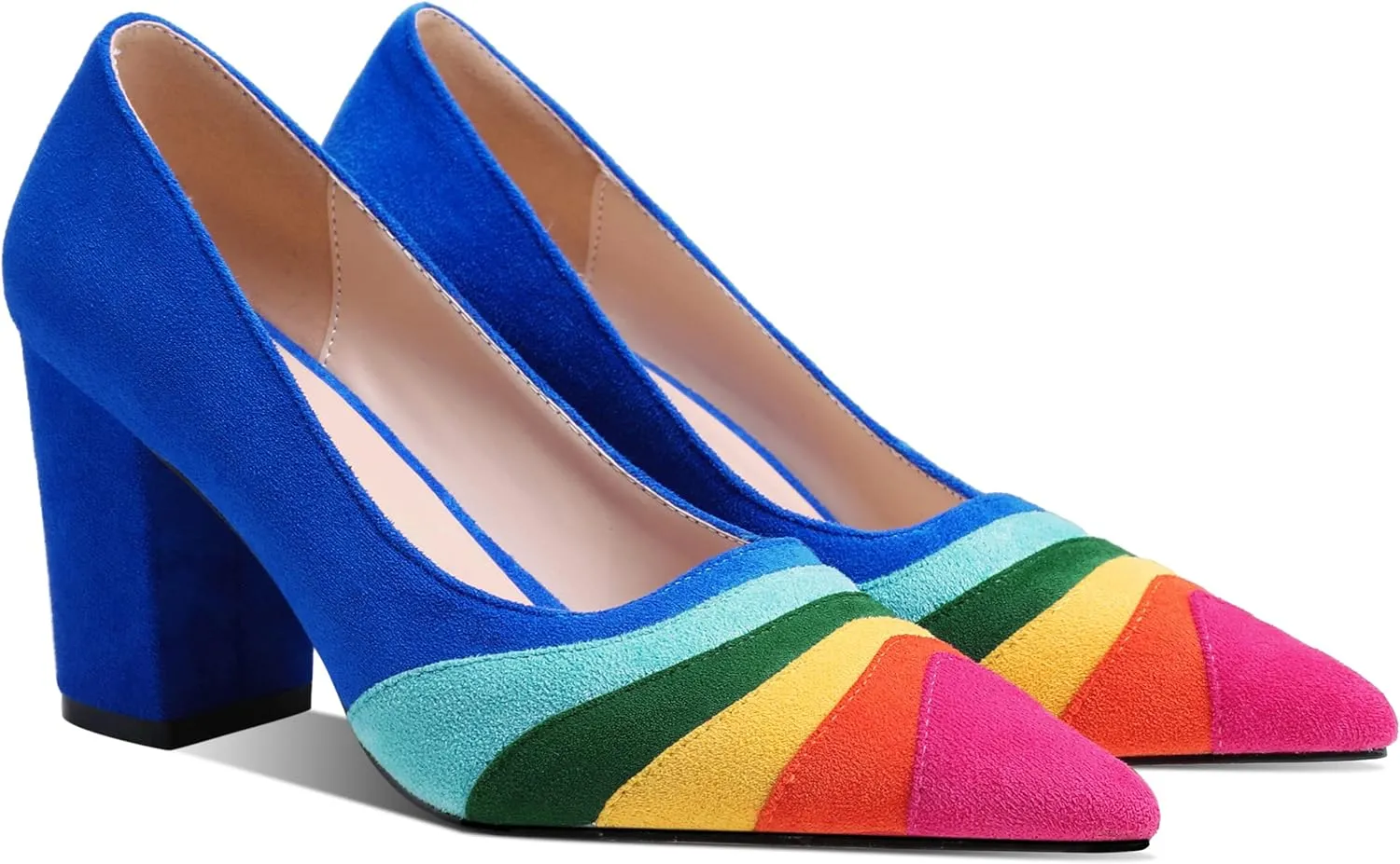 LEHOOR Women Rainbow Chunky Heel Pumps Pointed Toe Suede Multicolor High Heels 3 Inch Slip On Closed Toe Block Dress Pumps for Ladies Party Office Classic Comfy Retro Fashion 4-13 M US