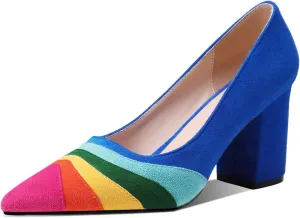 LEHOOR Women Rainbow Chunky Heel Pumps Pointed Toe Suede Multicolor High Heels 3 Inch Slip On Closed Toe Block Dress Pumps for Ladies Party Office Classic Comfy Retro Fashion 4-13 M US