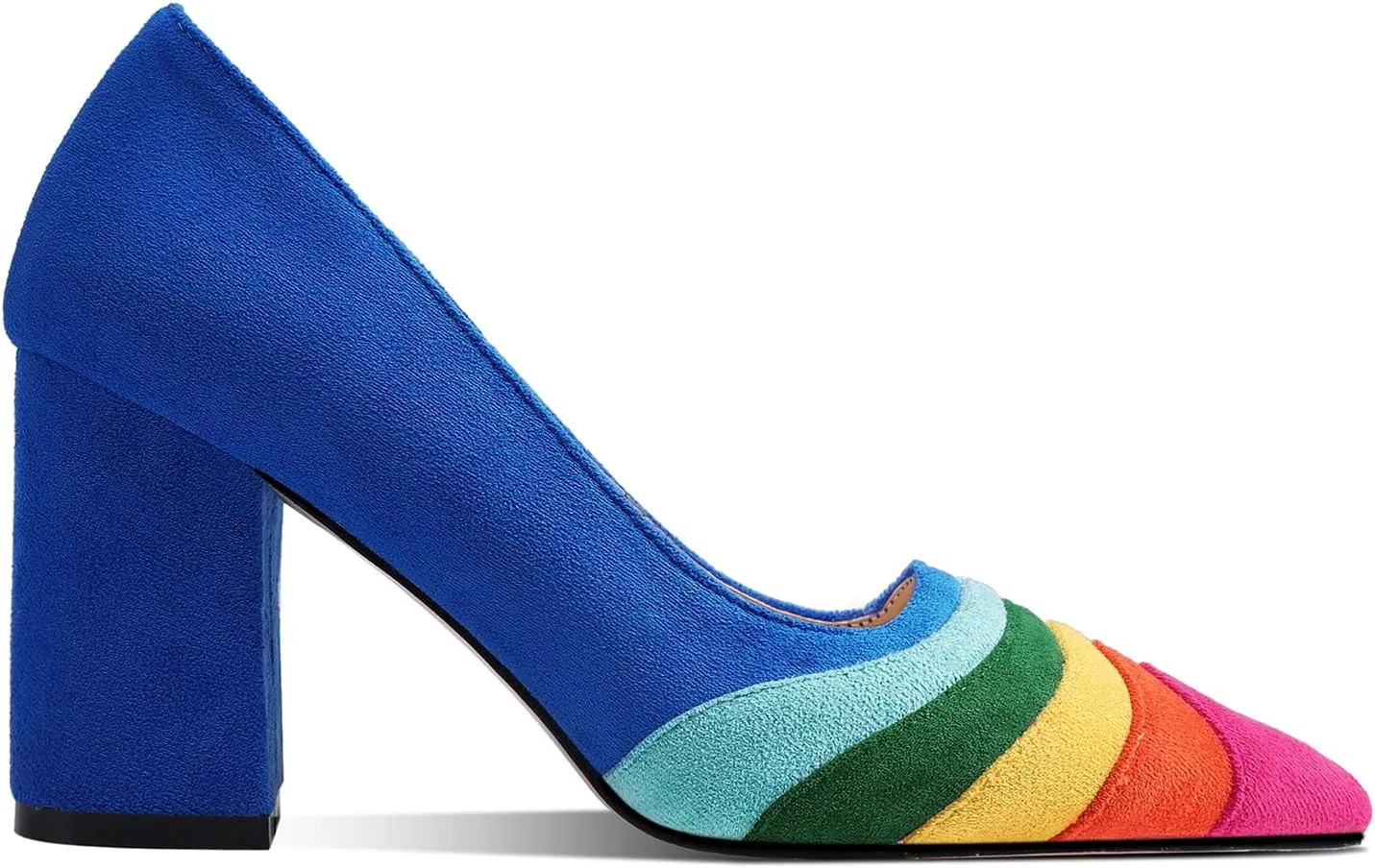 LEHOOR Women Rainbow Chunky Heel Pumps Pointed Toe Suede Multicolor High Heels 3 Inch Slip On Closed Toe Block Dress Pumps for Ladies Party Office Classic Comfy Retro Fashion 4-13 M US
