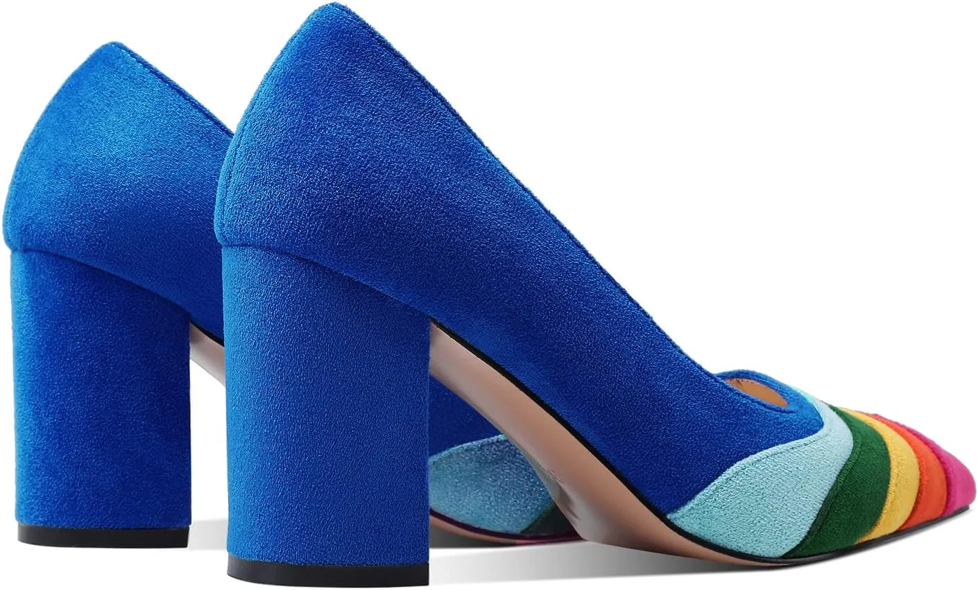LEHOOR Women Rainbow Chunky Heel Pumps Pointed Toe Suede Multicolor High Heels 3 Inch Slip On Closed Toe Block Dress Pumps for Ladies Party Office Classic Comfy Retro Fashion 4-13 M US