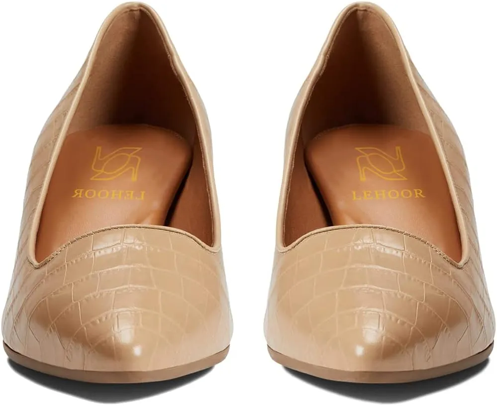 LEHOOR Women's Chunky Block Heels Pointed-Toe Slip-on Pumps 2 inch Heel Dress Shoes Comfortable Closed Toe Sandals for Office Ladies Matte Crocodile Suede Classic Work Party Wedding Spring 4-11 M US