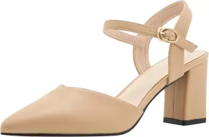 LizFoYa Women Pointed Toe Cutout Dressy Block Heels Leather Ankle Strap Formal Party Chunky High Heels
