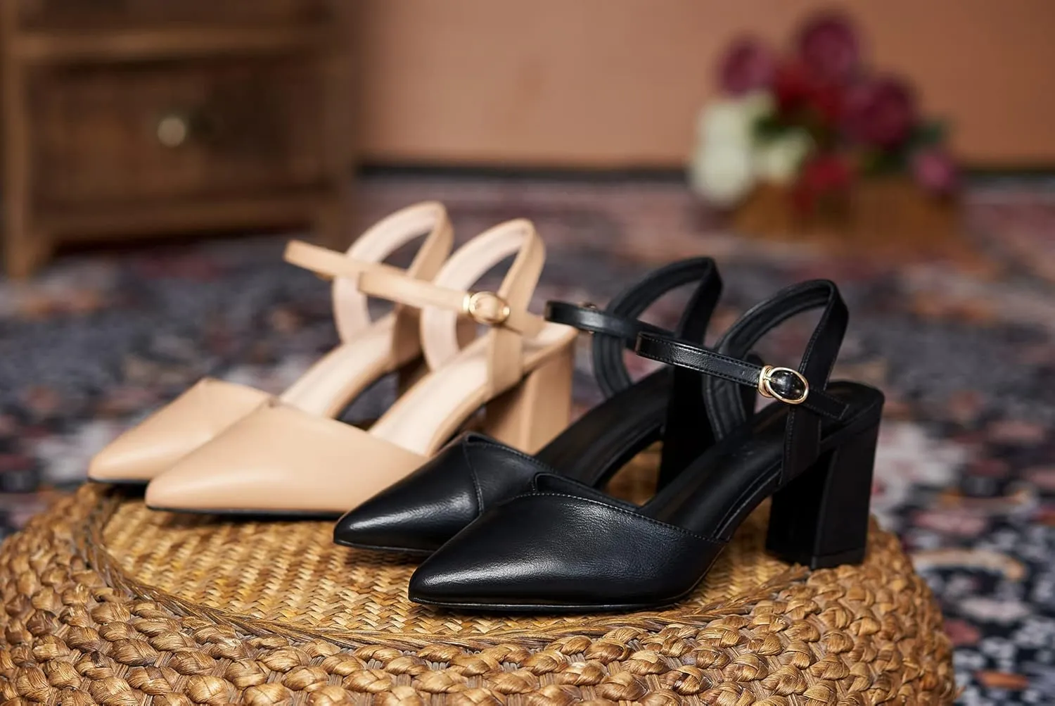LizFoYa Women Pointed Toe Cutout Dressy Block Heels Leather Ankle Strap Formal Party Chunky High Heels