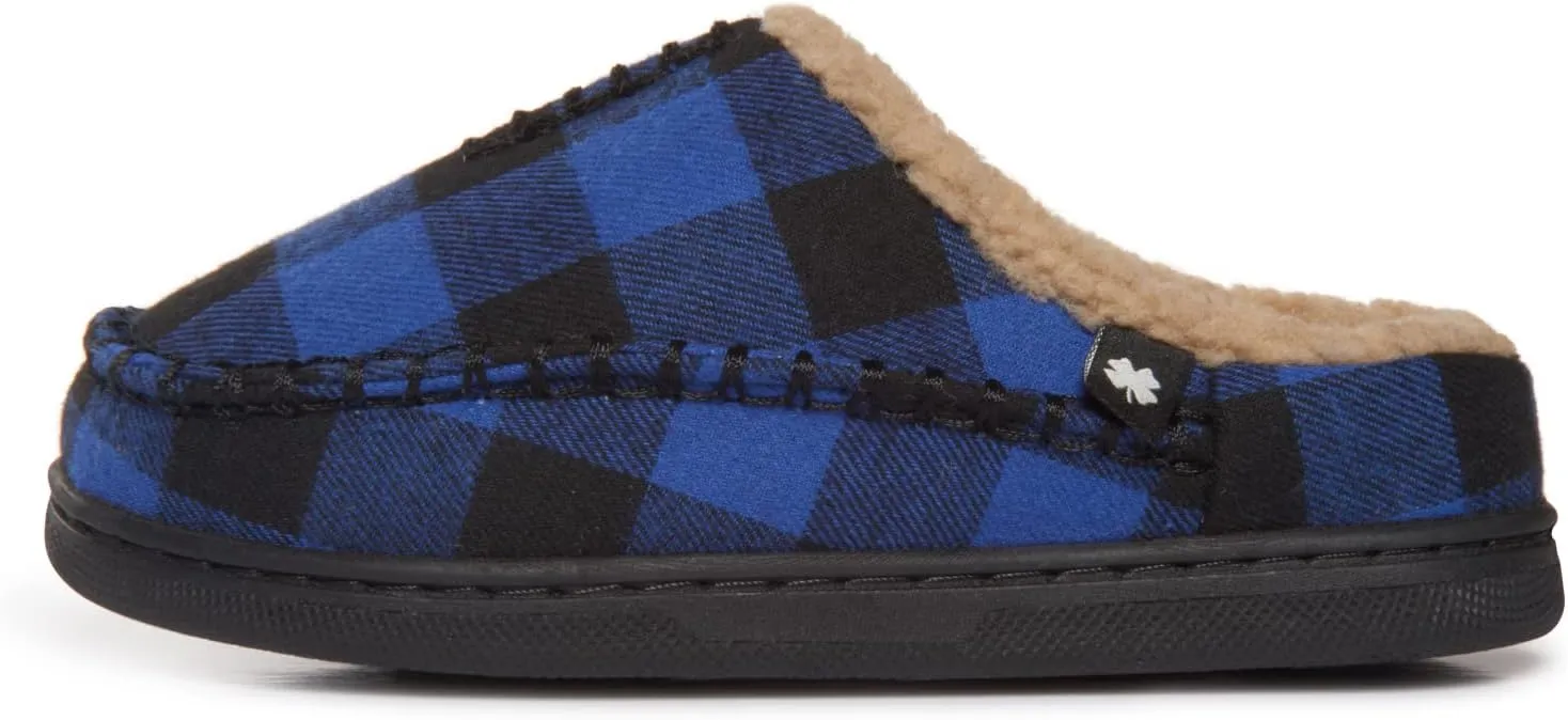Lucky Brand Boys Buffalo Plaid Memory Foam Clog Slippers, Non Slip Rubber Sole House Shoes, Kids Cozy Fluffy Bedroom Clogs