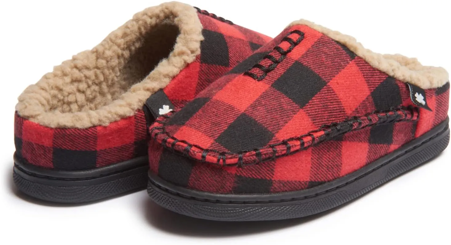 Lucky Brand Boys Buffalo Plaid Memory Foam Clog Slippers, Non Slip Rubber Sole House Shoes, Kids Cozy Fluffy Bedroom Clogs