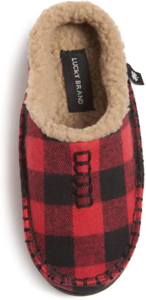 Lucky Brand Boys Buffalo Plaid Memory Foam Clog Slippers, Non Slip Rubber Sole House Shoes, Kids Cozy Fluffy Bedroom Clogs