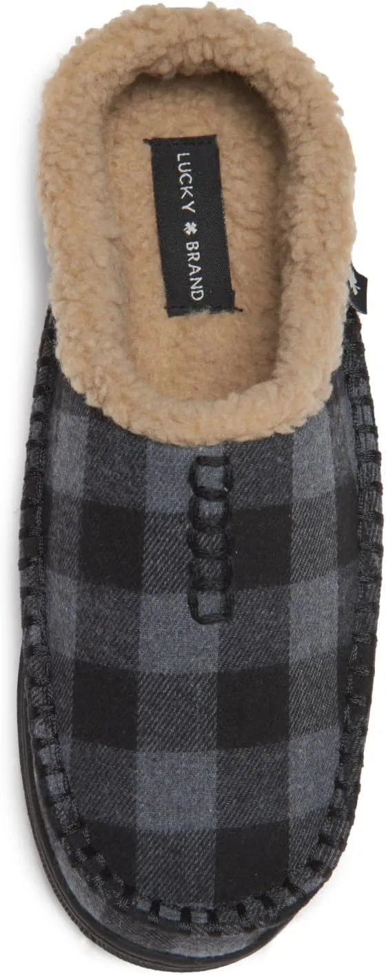 Lucky Brand Boys Buffalo Plaid Memory Foam Clog Slippers, Non Slip Rubber Sole House Shoes, Kids Cozy Fluffy Bedroom Clogs