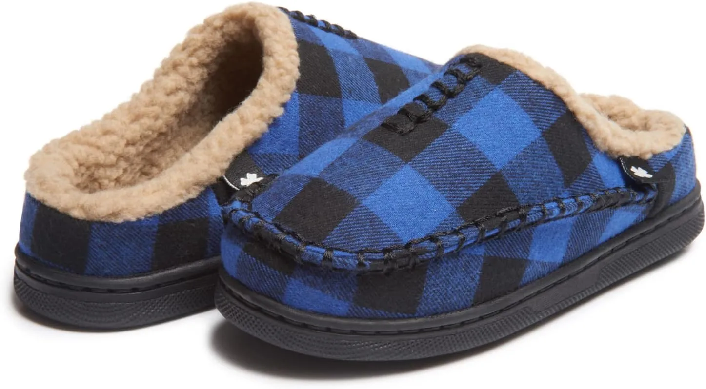 Lucky Brand Boys Buffalo Plaid Memory Foam Clog Slippers, Non Slip Rubber Sole House Shoes, Kids Cozy Fluffy Bedroom Clogs