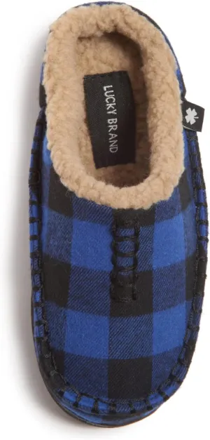 Lucky Brand Boys Buffalo Plaid Memory Foam Clog Slippers, Non Slip Rubber Sole House Shoes, Kids Cozy Fluffy Bedroom Clogs