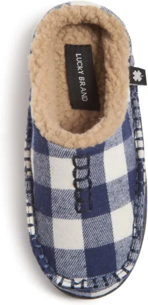 Lucky Brand Boys Buffalo Plaid Memory Foam Clog Slippers, Non Slip Rubber Sole House Shoes, Kids Cozy Fluffy Bedroom Clogs