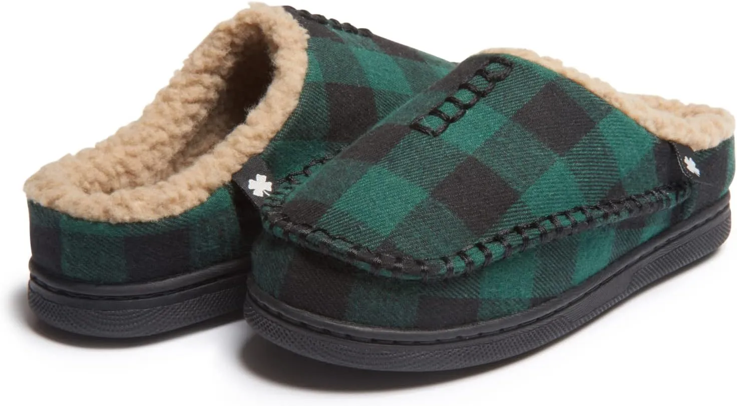 Lucky Brand Boys Buffalo Plaid Memory Foam Clog Slippers, Non Slip Rubber Sole House Shoes, Kids Cozy Fluffy Bedroom Clogs