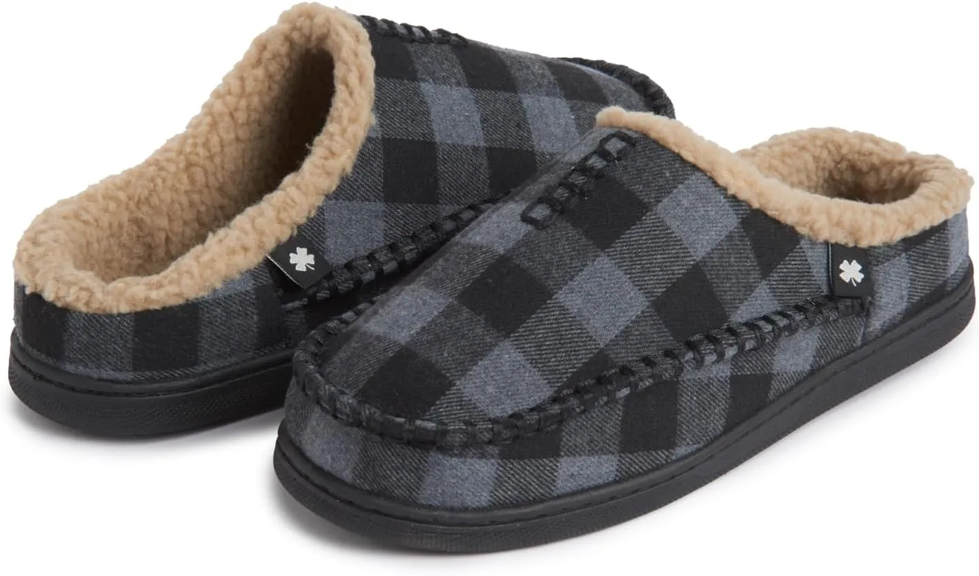 Lucky Brand Boys Buffalo Plaid Memory Foam Clog Slippers, Non Slip Rubber Sole House Shoes, Kids Cozy Fluffy Bedroom Clogs