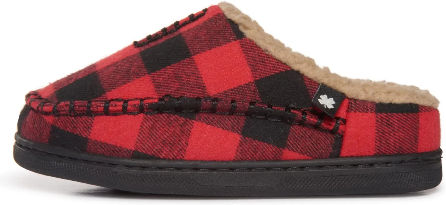 Lucky Brand Boys Buffalo Plaid Memory Foam Clog Slippers, Non Slip Rubber Sole House Shoes, Kids Cozy Fluffy Bedroom Clogs