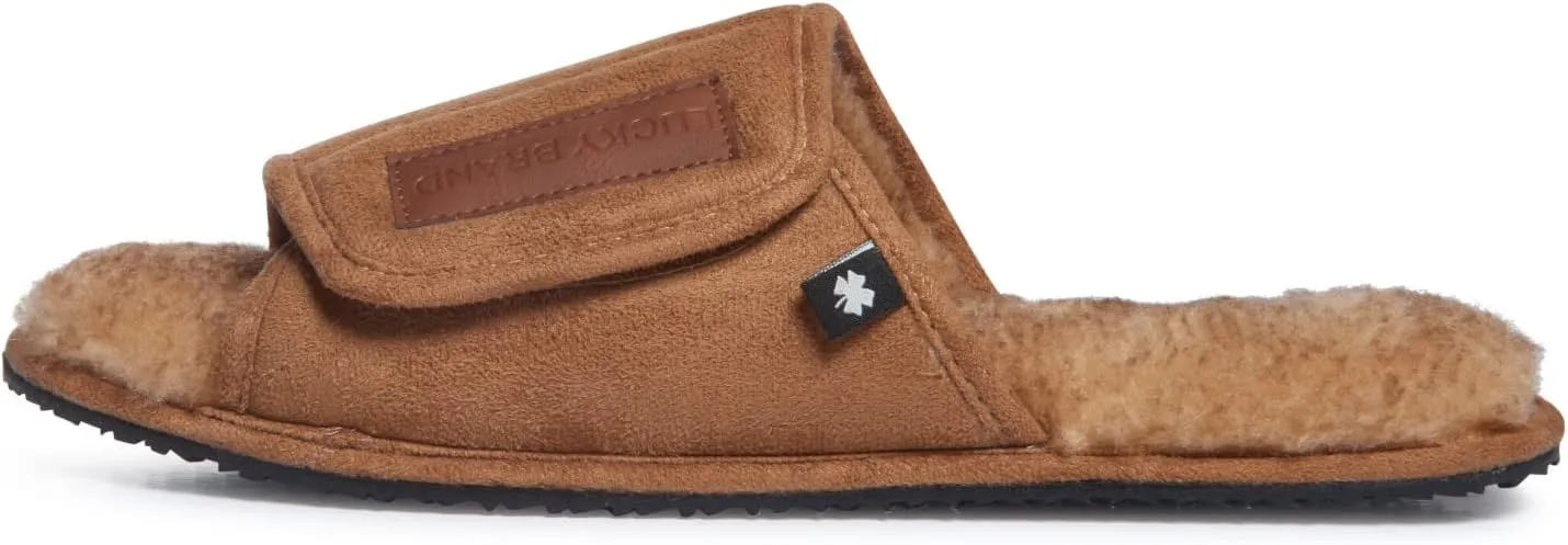 Lucky Brand Mens Microsuede Memory Foam Open Toe Slippers, Cool Adjustable Strap Indoor Outdoor House Sliders for Men