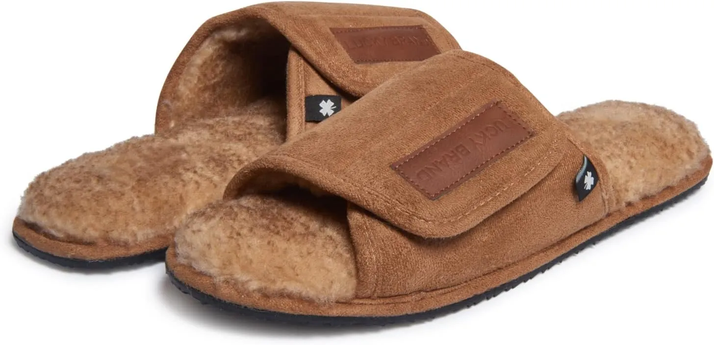 Lucky Brand Mens Microsuede Memory Foam Open Toe Slippers, Cool Adjustable Strap Indoor Outdoor House Sliders for Men