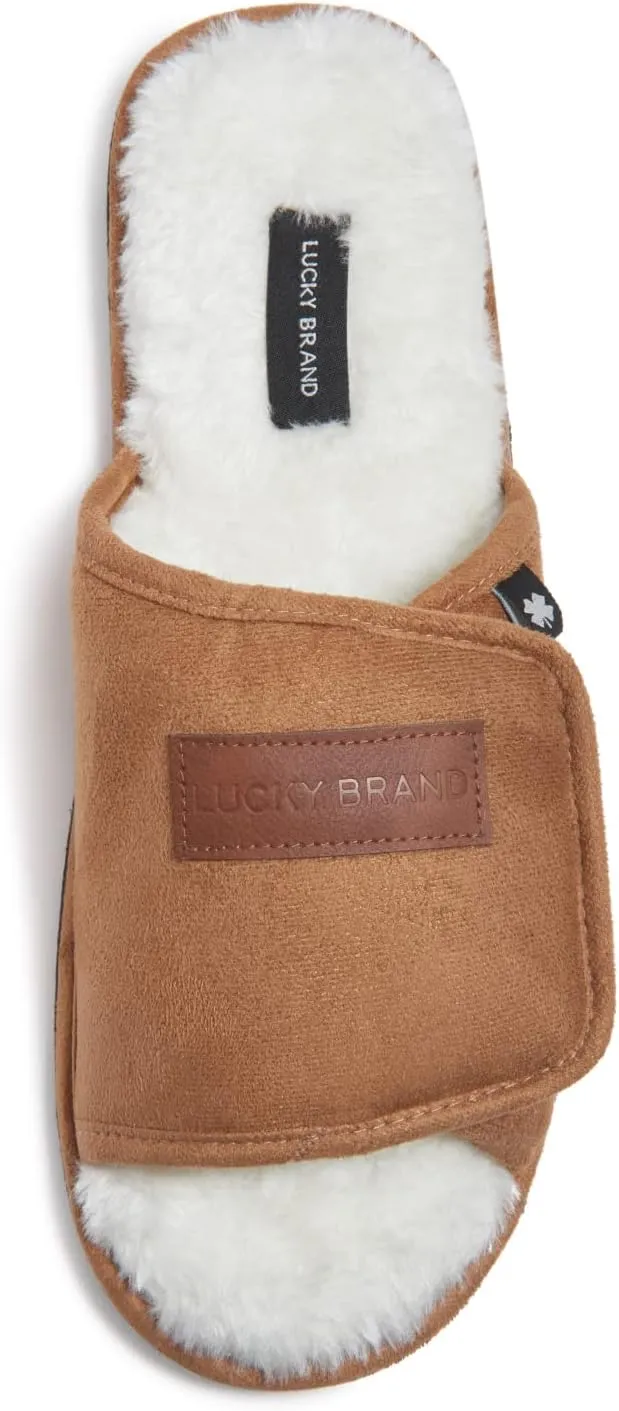 Lucky Brand Mens Microsuede Memory Foam Open Toe Slippers, Cool Adjustable Strap Indoor Outdoor House Sliders for Men