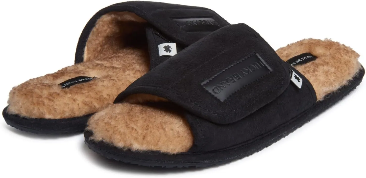 Lucky Brand Mens Microsuede Memory Foam Open Toe Slippers, Cool Adjustable Strap Indoor Outdoor House Sliders for Men