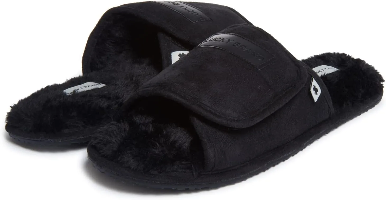 Lucky Brand Mens Microsuede Memory Foam Open Toe Slippers, Cool Adjustable Strap Indoor Outdoor House Sliders for Men