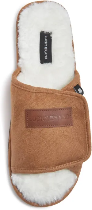 Lucky Brand Mens Microsuede Memory Foam Open Toe Slippers, Cool Adjustable Strap Indoor Outdoor House Sliders for Men