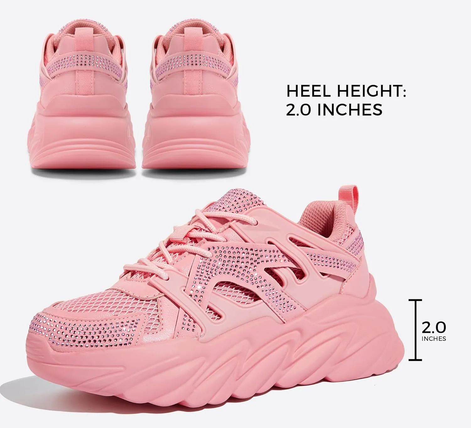 LUCKY STEP Women's Chunky Rhinestone Fashion Sneakers | Sparkly Platform Thick Dad Rave Mesh Walking Shoes