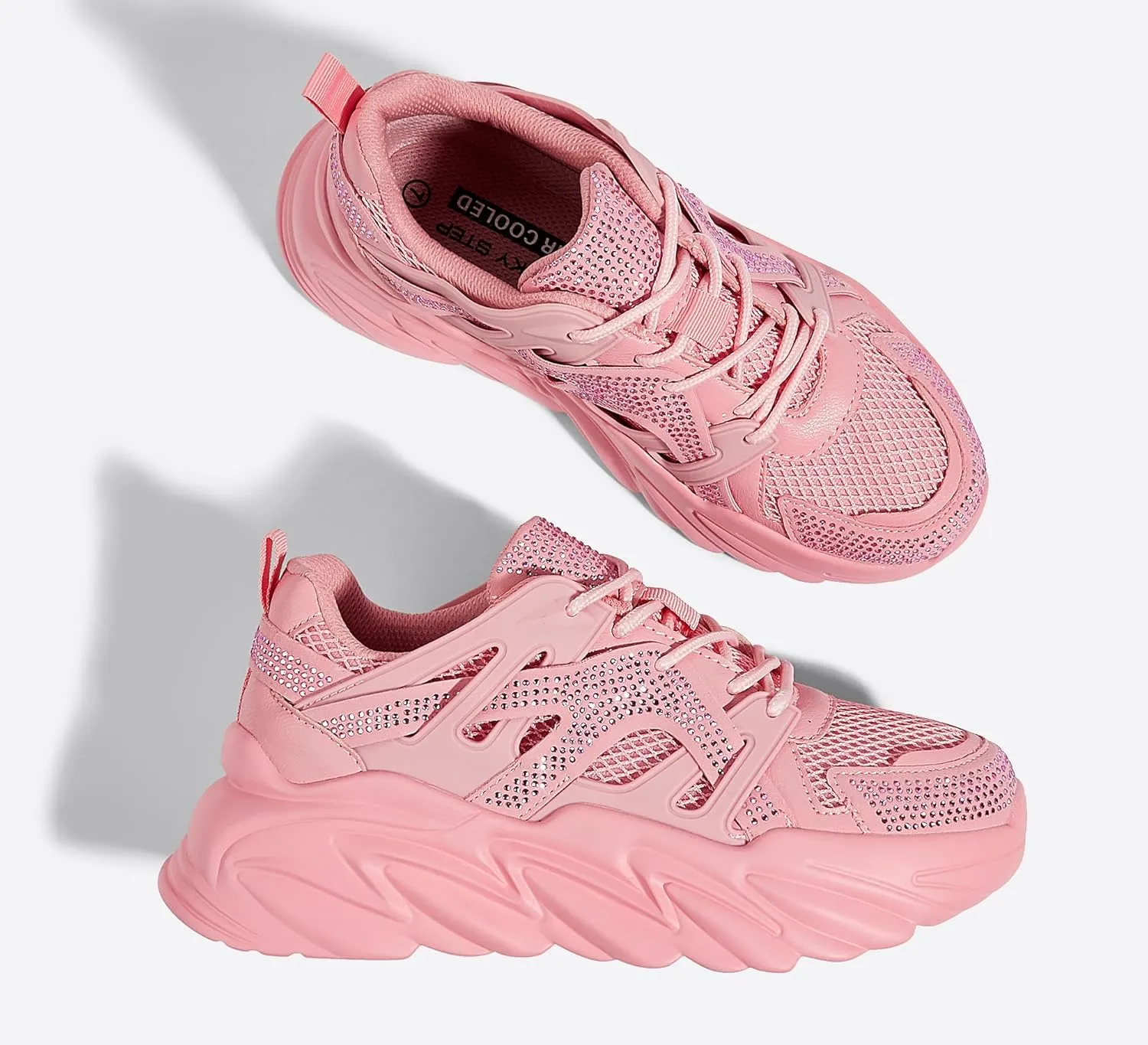 LUCKY STEP Women's Chunky Rhinestone Fashion Sneakers | Sparkly Platform Thick Dad Rave Mesh Walking Shoes