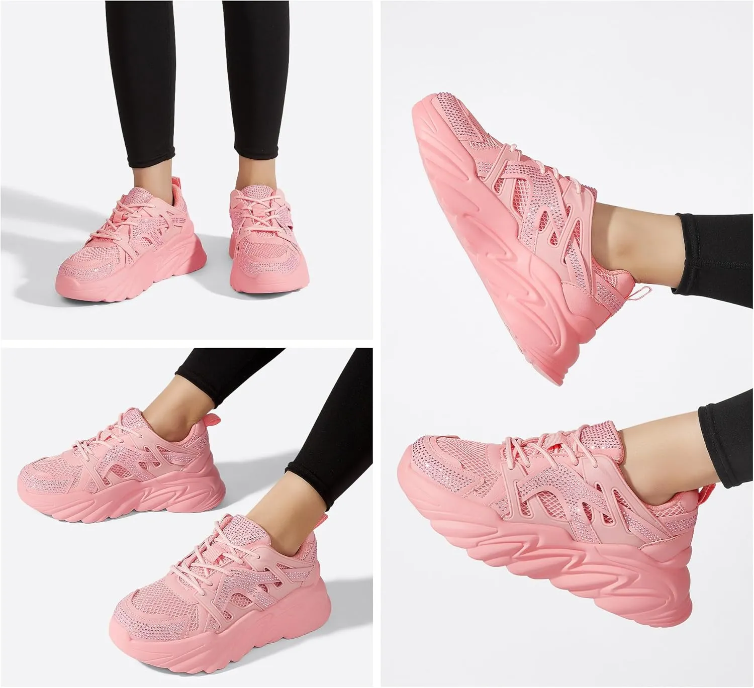 LUCKY STEP Women's Chunky Rhinestone Fashion Sneakers | Sparkly Platform Thick Dad Rave Mesh Walking Shoes