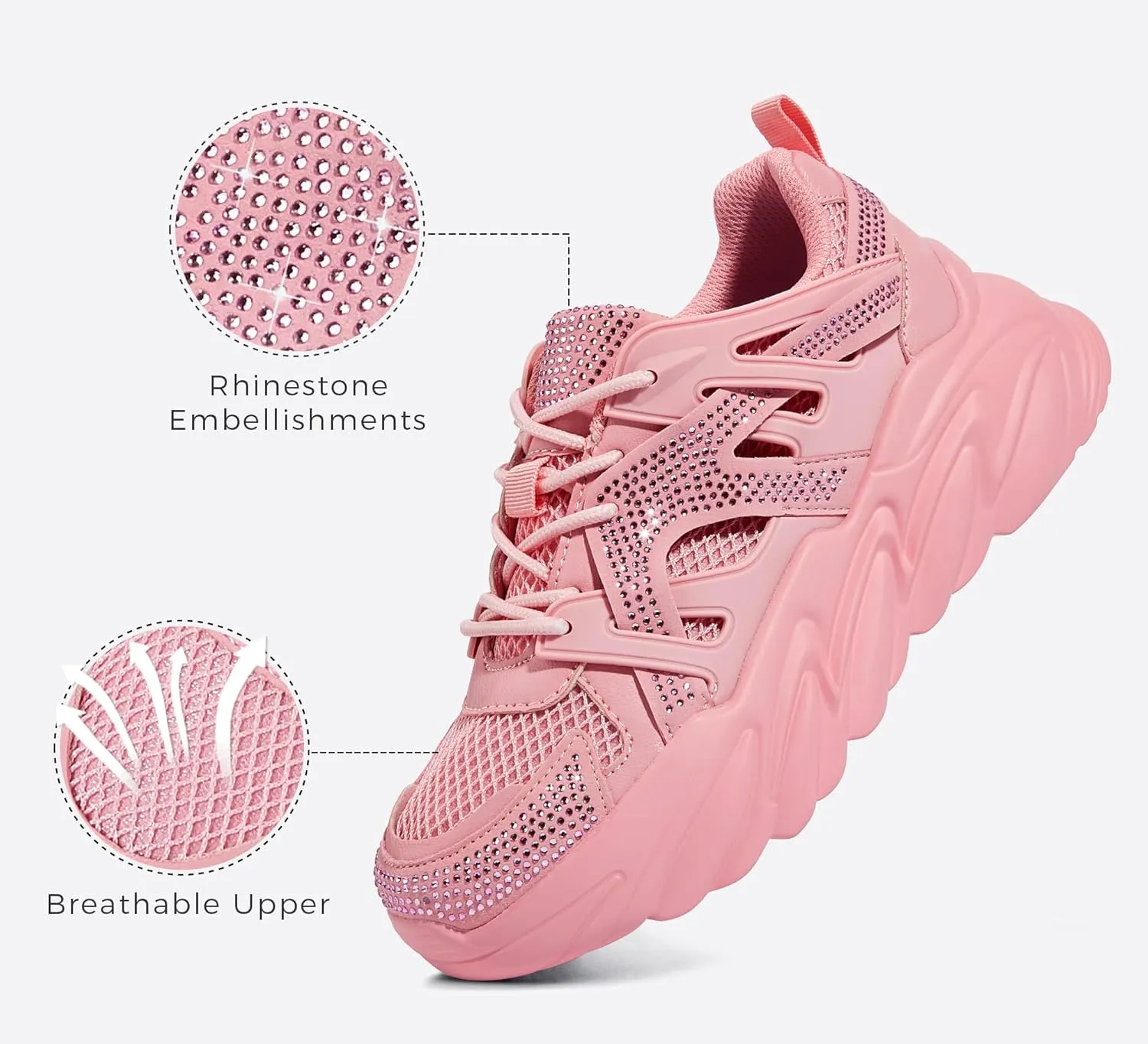 LUCKY STEP Women's Chunky Rhinestone Fashion Sneakers | Sparkly Platform Thick Dad Rave Mesh Walking Shoes