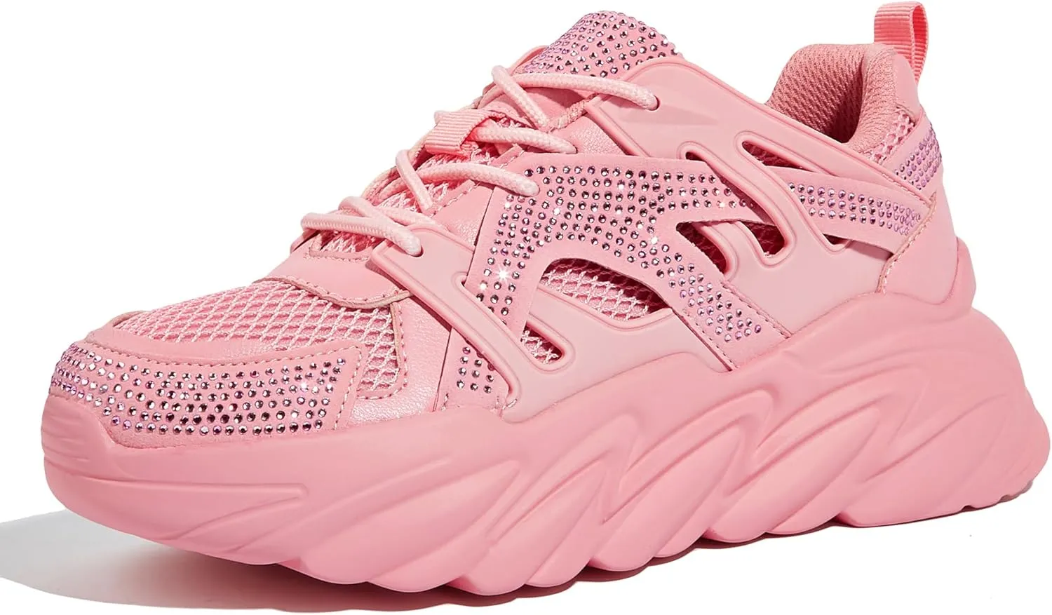 LUCKY STEP Women's Chunky Rhinestone Fashion Sneakers | Sparkly Platform Thick Dad Rave Mesh Walking Shoes
