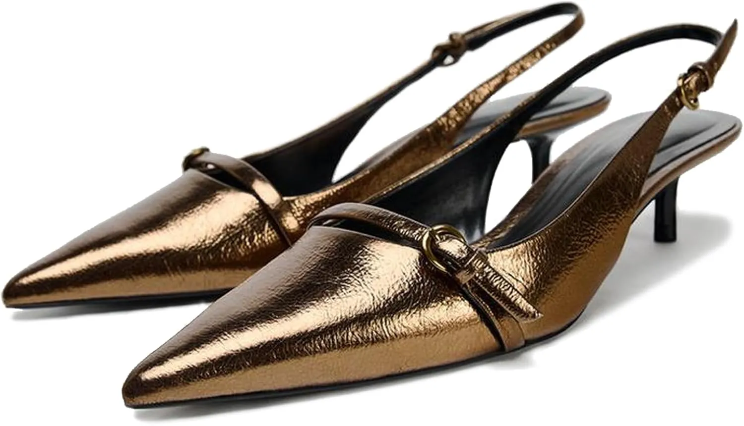 Lymphvity Women's Pointed Toe with Buckle Slingback Kitten Heels Sexy Backless Low Heel Pump Shoes Fashion Leather Slip On Dress Shoes