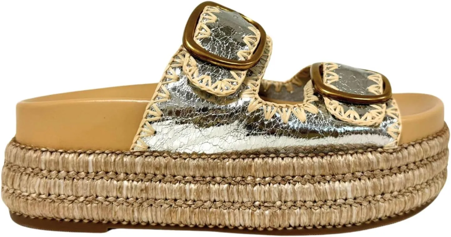 Maker's Shoes - MKS Clara Platform Sandals, Double Buckle Espadrille Wedges, Metallic Woven Design