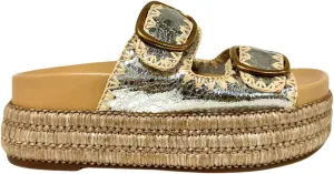 Maker's Shoes - MKS Clara Platform Sandals, Double Buckle Espadrille Wedges, Metallic Woven Design