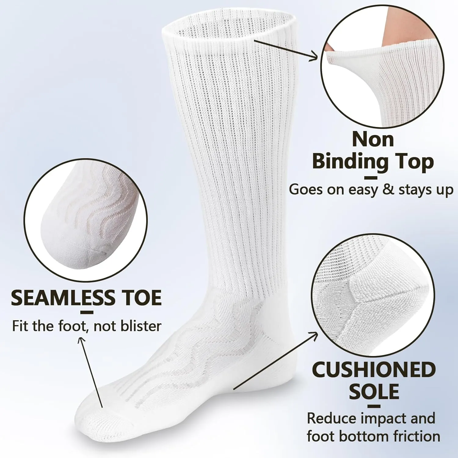  MD 4 & 6 Pairs Bamboo Diabetic Crew Socks, Non-Binding Loose Fit for Women & Men, Soft Cushioned Sole Moisture Wicking
