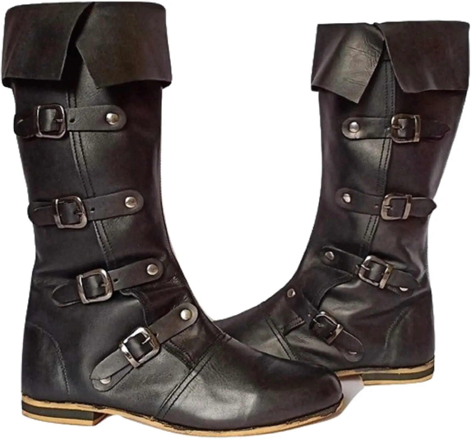 Medieval Brown Leather Boots 4 Buckles Viking Inspired Loafer Leather Boots Reenactment Shoes for Cosplay Lovers