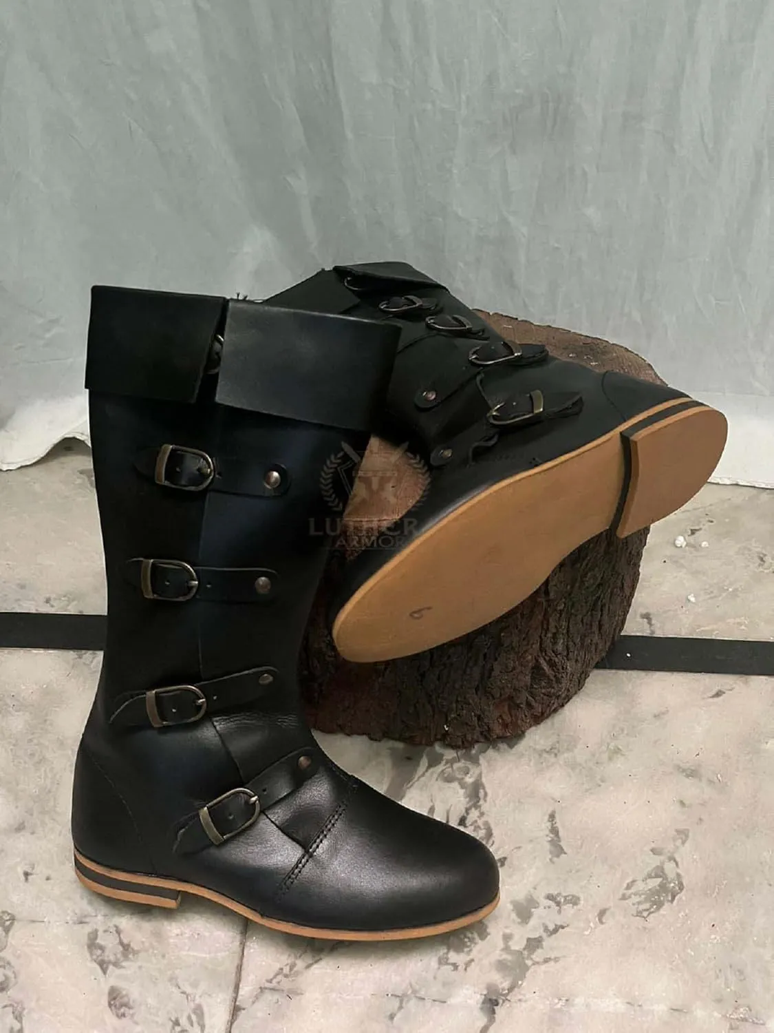 Medieval Brown Leather Boots 4 Buckles Viking Inspired Loafer Leather Boots Reenactment Shoes for Cosplay Lovers