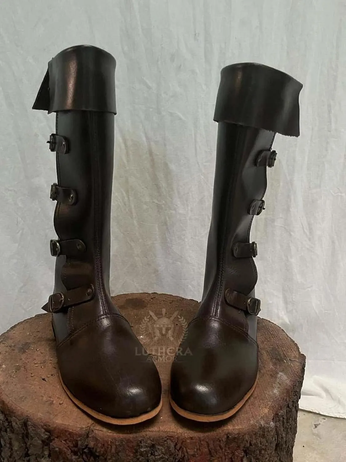 Medieval Brown Leather Boots 4 Buckles Viking Inspired Loafer Leather Boots Reenactment Shoes for Cosplay Lovers
