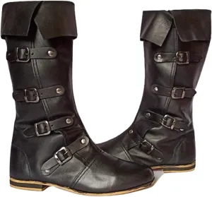 Medieval Brown Leather Boots 4 Buckles Viking Inspired Loafer Leather Boots Reenactment Shoes for Cosplay Lovers