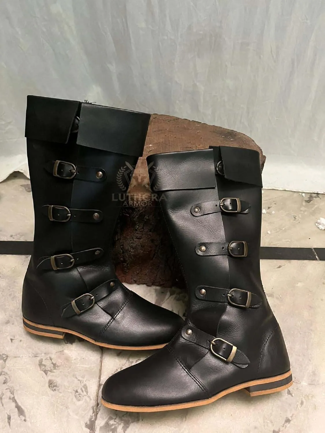 Medieval Brown Leather Boots 4 Buckles Viking Inspired Loafer Leather Boots Reenactment Shoes for Cosplay Lovers