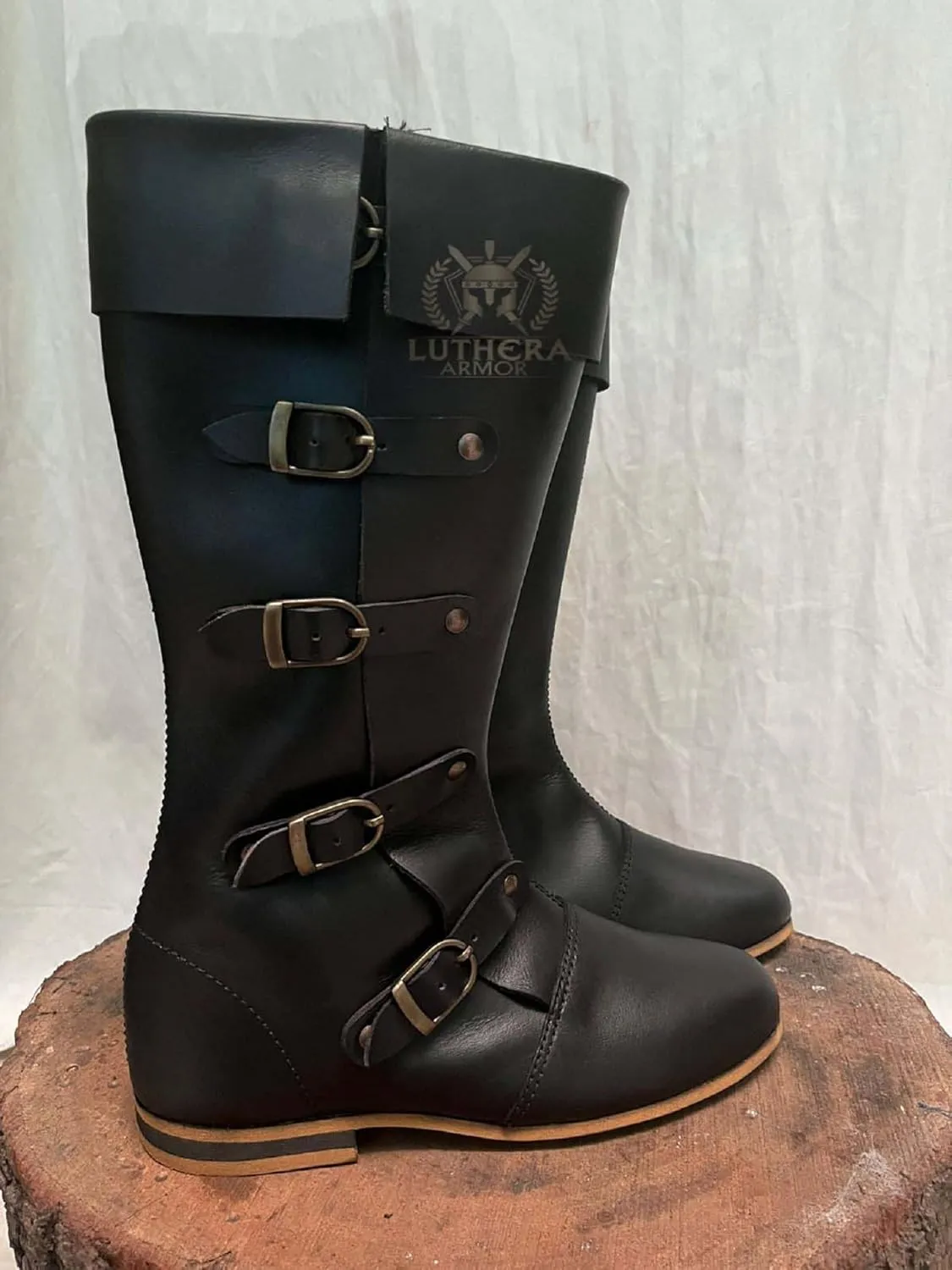 Medieval Brown Leather Boots 4 Buckles Viking Inspired Loafer Leather Boots Reenactment Shoes for Cosplay Lovers