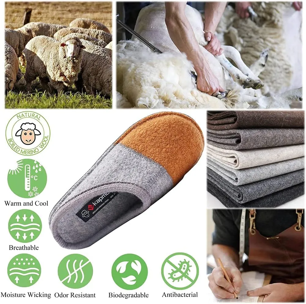 Men's Boiled Wool House Slippers Breathable Winter Warm Slip on Mules Indoor/Outdoor Slipper for Women Two Tone Cap Toe Clog